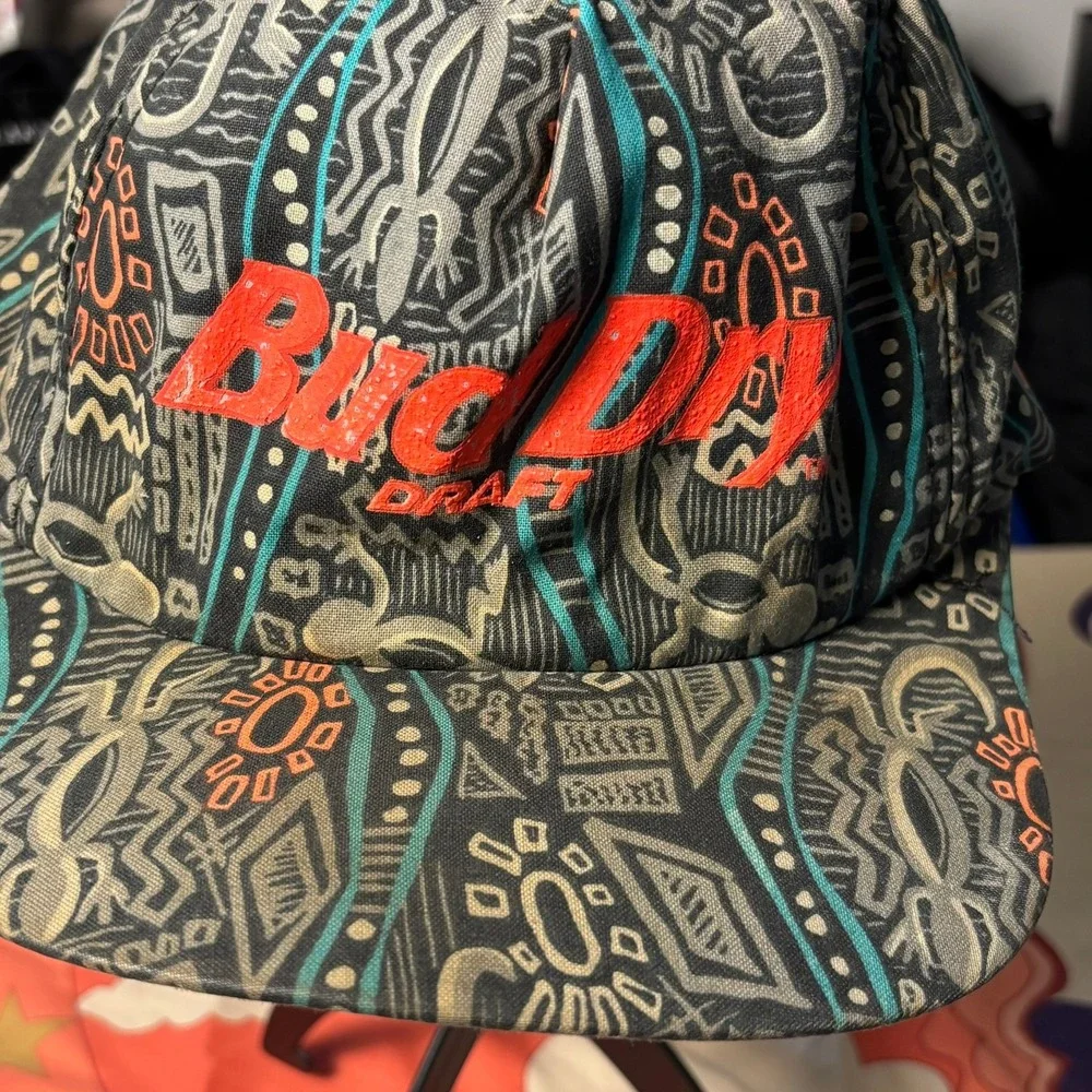 Vintage Bud Dry Draft Hat All Over Tribal Lizard Print Snapback Beer Promo Cap
